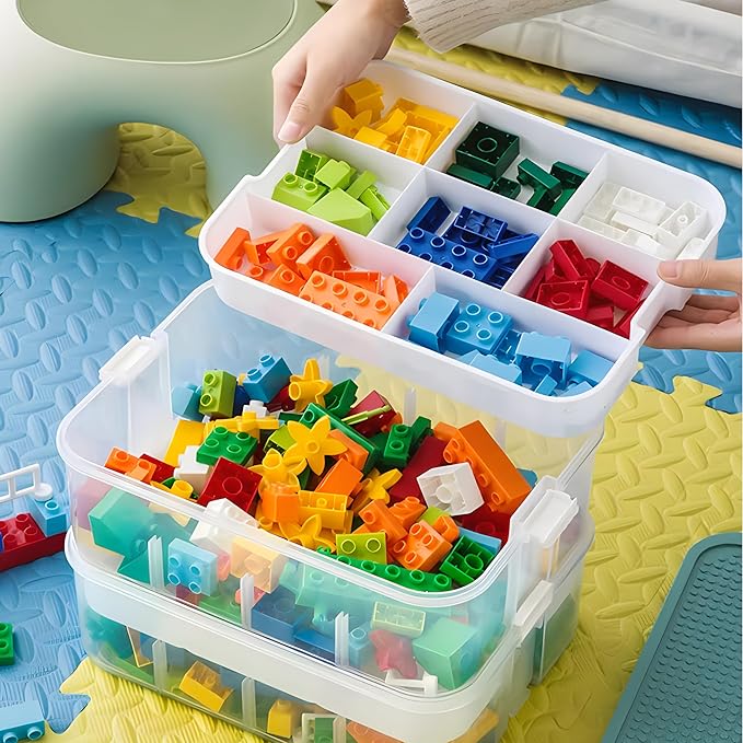 3-Tier Stackable Toy Storage Box with Lid Dividers, Kid Toy Blocks Organizer Container Removable Tray, Plastic Toy Chest Organizer for Baby Nursery Playroom - Toy Blocks Not Included