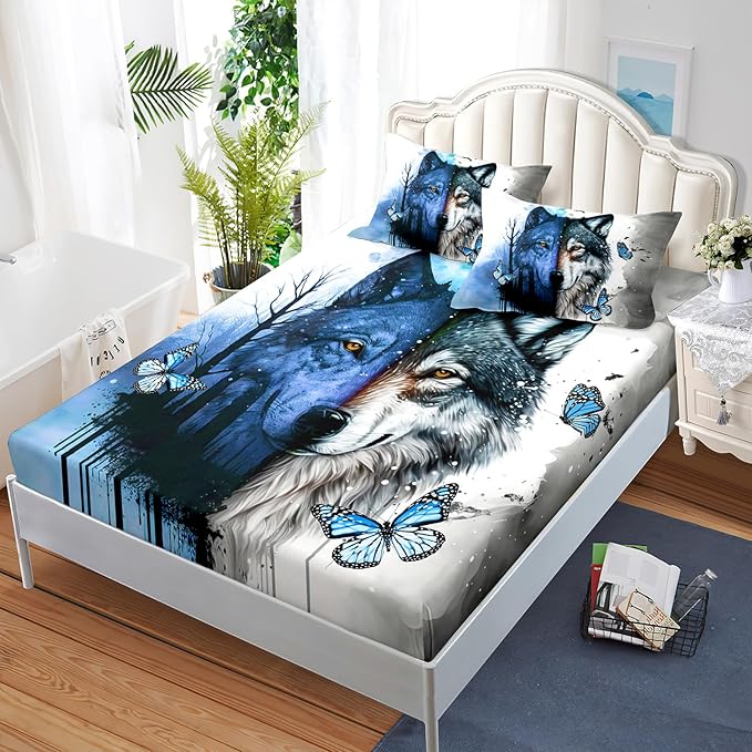 AILONEN Wolf Fitted Sheet Set Full Size Tie Dye Wolf Sheet Set for Boys Girls,Animal Wolf Wildlife Bed Sheet with 2 Pillowcases,3 Pieces Watercolor Wolf Print Bed Sheet Set