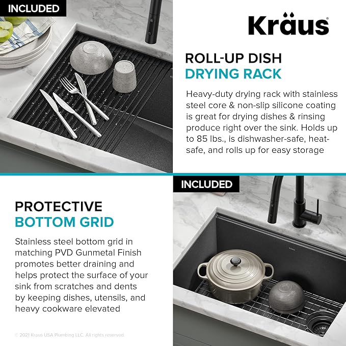 KRAUS Kore 27 Inch Undermount Workstation 16 Gauge Stainless Steel Single Bowl Kitchen Sink with Accessories in PVD Gunmetal Finish with Accessories, KWU110-27-PGM