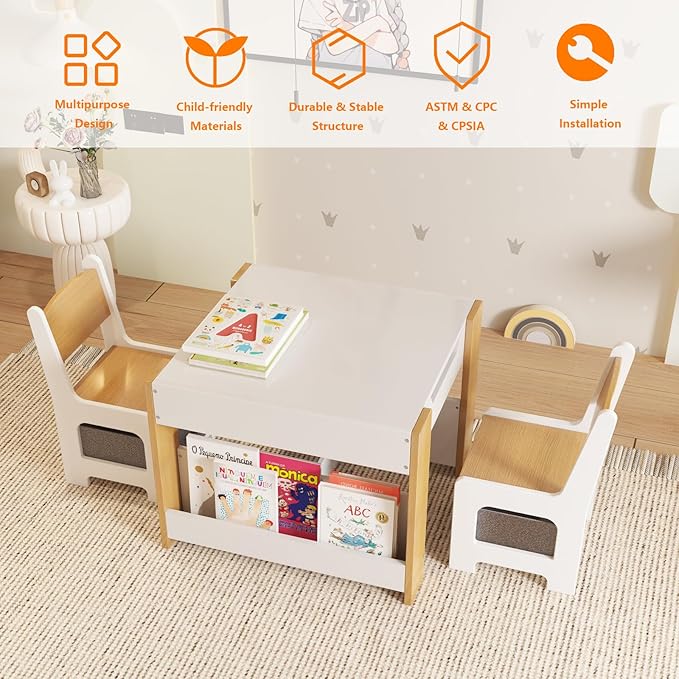 Kids Table and Chair Set, 4 in 1 Wooden Activity Table & 2 Chairs with Storage Drawer Detachable Tabletop for Toddlers Kids Drawing, Reading, Crafts, Art,Homework, Nursery, Playroom