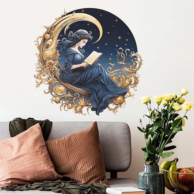Gorgeous Moon Star Blue Girl Wall Stickers, sacinora Reading Book Middle Eastern Style Art Wall Decals Removable Vinyl Peel and Stick for Kids Baby Nursery Study Room Living Room Bedroom Decorations