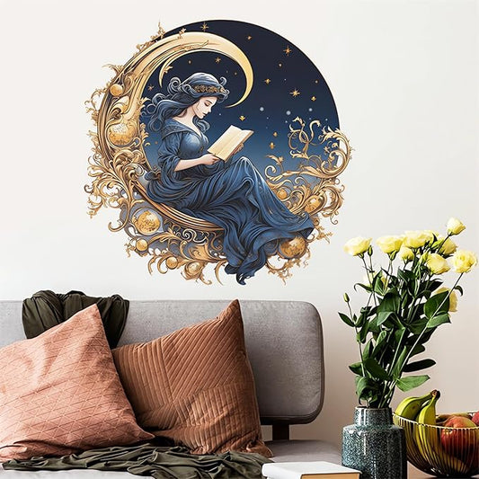 Gorgeous Moon Star Blue Girl Wall Stickers, sacinora Reading Book Middle Eastern Style Art Wall Decals Removable Vinyl Peel and Stick for Kids Baby Nursery Study Room Living Room Bedroom Decorations