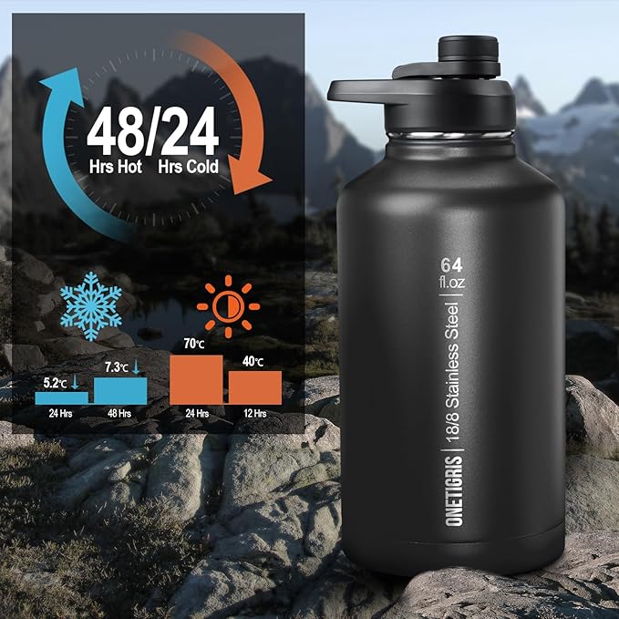 OneTigris Tactical Half Gallon Water Bottle with Straw - 64 oz Vacuum Insulated Stainless Steel Water Jug, Leakproof Sport Bottle with 3 BPA Free Lids, Paracord Handle & MOLLE Water Pouch for Outdoor