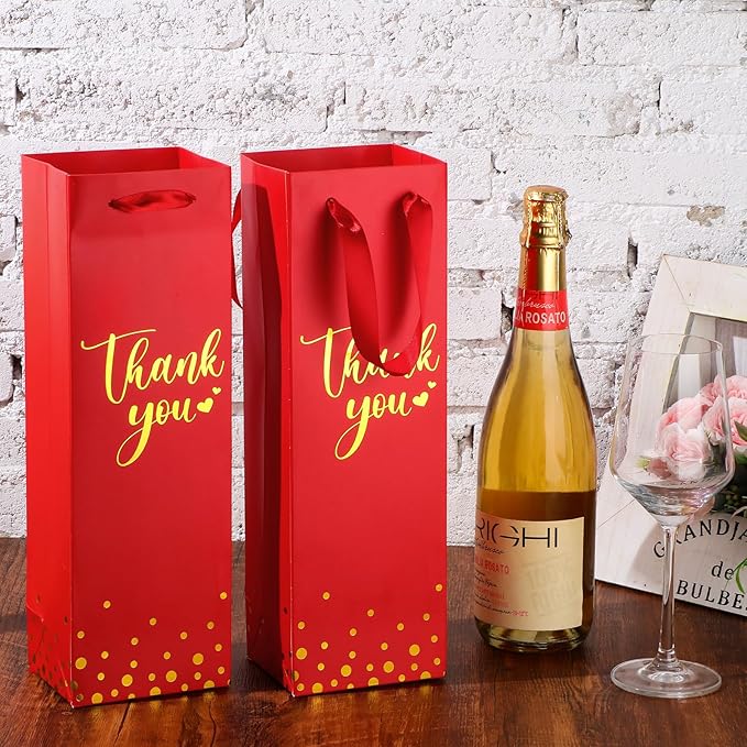 Ctosree 30 Pcs Wine Gift Bag for Wine Bottle Wedding Wine Thank You Gift Bag with Metallic Gold Foil Print Kraft Wine Paper Favor Bag with Attractive Rope Handle for Graduation Bottle(Red)