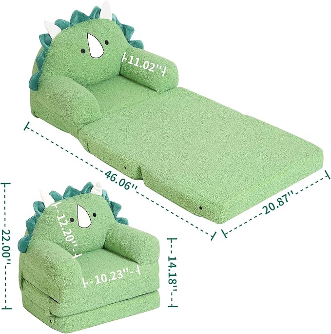 Foldable Kids Sofa, Triceratops Toddler Couch with Tri Folding Foam Cushions, Comfy Kids Couch for Kids Age 18 Months and Up