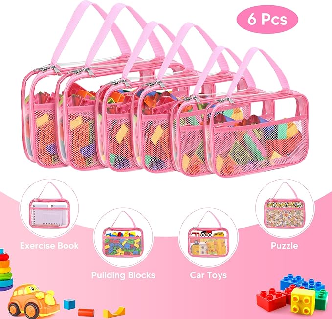 6 Packs Large Clear Toy Storage Bags, Reusable PVC Organizing Bags, zipper bags for organizing,Clear Zippered Blocks Bag Set,Waterproof Toy Storage Bags for Zipper,Puzzle, Kids Books,Board Games