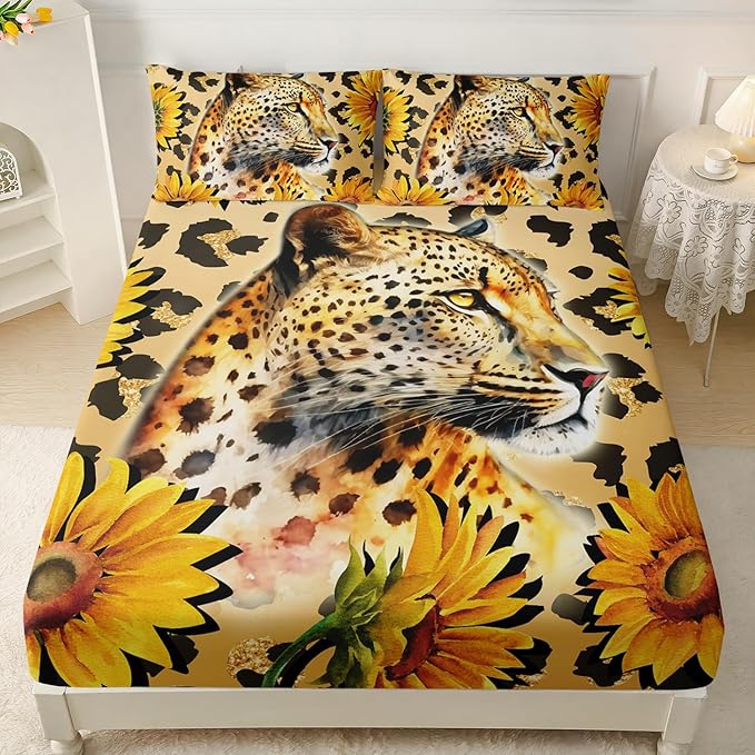AILONEN Leopard Fitted Sheet Set for Boys, 3 Pieces Twin Yellow Sunflower and Animal Cheetah Leopard Printed Fitted Sheet Set for Kids Adults,1 Fitted Sheet with 2 Pillowcases