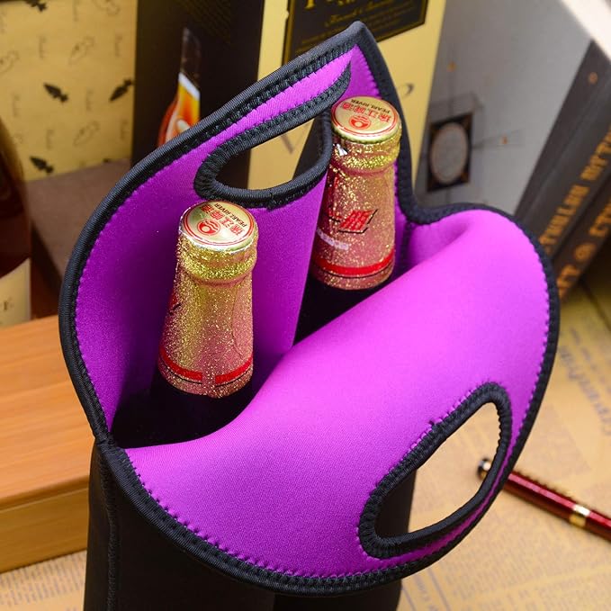 Two Bottles Wine Carrier Tote Bag, Insulated Thick Neoprene Wine/Water Bottle Holder Keeps Bottles Protected, Perfect for Picnics, Beach, Travel (2 PCS, Black)