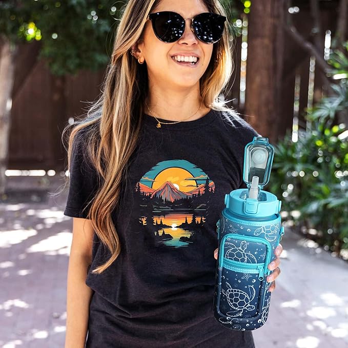 Sea Turtle Half Gallon Water Bottle with Sleeve Water Bottle 64 Oz Water Bottle with Time Marker, Leakproof-Free Drinking Water Bottle, Sports Turtle Water Bottle Half Gallon Water Jugs