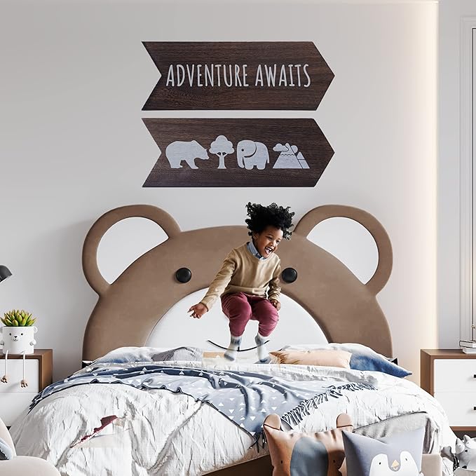 Nursery Wall Decor - 2 Pcs Wood Adventure Awaits Sign, Baby Elephant Nursery Decor For Kids Room, Safari Theme Woodland Decorations, Bear Mountain Cabin Wall Decor Art, 14 x 10 inch