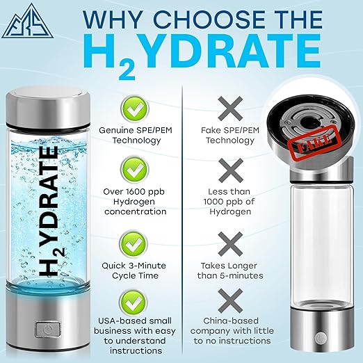 FRS Premium Hydrogen Water Bottle with SPE/PEM Technology. Improve Your Water in 3-Minutes with up to 1680 ppb of Molecular Hydrogen. Portable 420 mL, Stainless Steel, Rechargeable Design.
