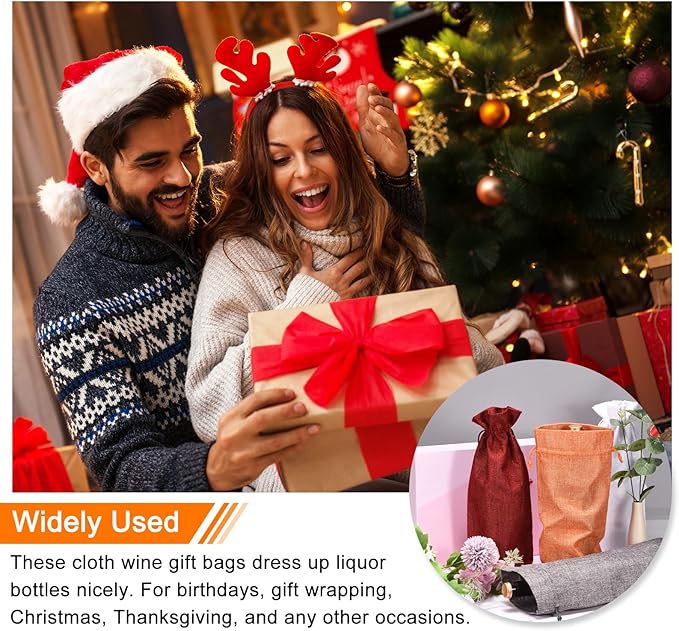 uxcell Burlap Wine Bags with Drawstrings, 12Pcs Wine Gift Bags Reusable Wine Bottle Bags with Ropes and Tags for Wedding, Birthday, Travel (14 x 6.3 In, Wine Red)
