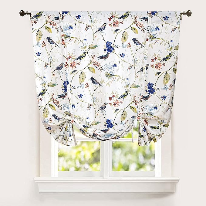 Leeva Balloon Shade Curtains Valances for Kid's Room, Birds Print Semi Blackout Small Drapes Adjustable Curtains for Cafe Studio, 42x63 in, One Panel, Blue