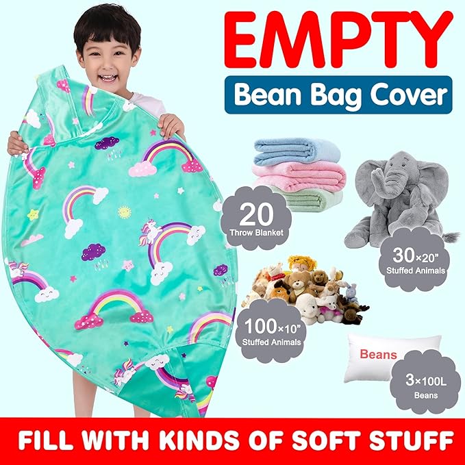 Lukeight Unicorns Stuffed Animal Storage Bean Bag Chair Cover for Kids, Unicorns Zipper Beanbag Chair Cover for Organizing Toddler and Kids' Rooms Plush Toys (Rainbow Green, XX-Large)