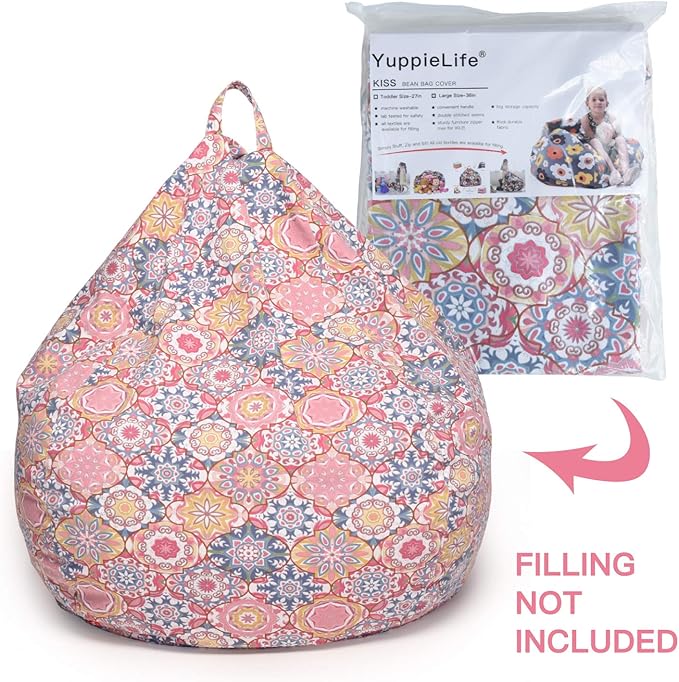 YuppieLife Kids Storage Bean Bag Cover（No Filling） Toy Organizer|Carrying Handle Sofa|Available for Kids and Teenager|Cuddle Chair|Machine Washable and Durable（27“,Pink Flowers）