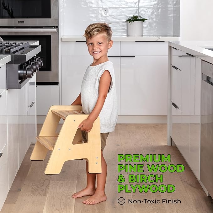 Wooden Step Stools for Kids - Sturdy, Non-Slip, Non-Tip Toddler Step Stool for Bathroom Sink for Your Little Girl or Boy - Varnished