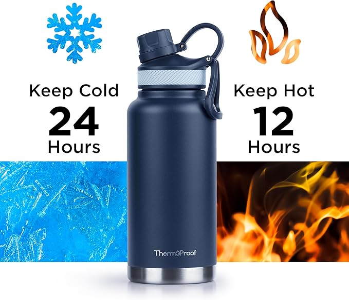 ThermoProof Double Walled Vacuum Insulated Stainless Steel Water Bottle - 32oz, Straw Lid & Spout Lid - Leak Proof - Gym, Hiking Bottles for Men, Women & Kids - Hot & Cold (Navy 32oz)