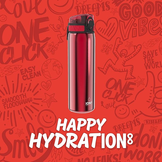 Ion8 Steel Water Bottle, 600 ml/20 oz, Leak Proof, Easy to Open, Secure Lock, Dishwasher Safe, Hygienic Flip Cover, Fits Cup Holders, Carry Handle, Durable, Carbon Neutral, Metallic Red
