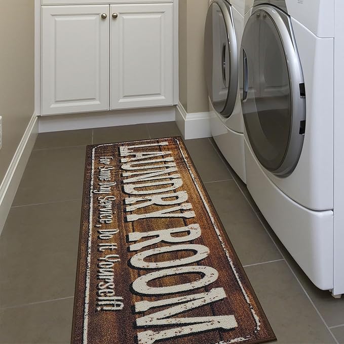 Ottomanson Laundry Collection Non-Slip Rubberback Text Design 2x5 Laundry Room Runner Rug, 20" x 59", Brown