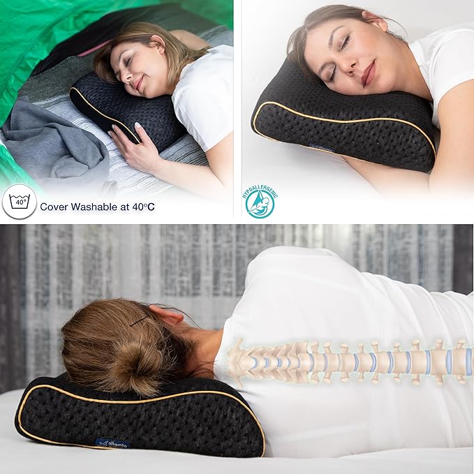 Travel & Camping Comfortable Memory Foam Pillow – Easy to Carry Portable Bag – Temperature Regulating Pillow Case (Black Contour)