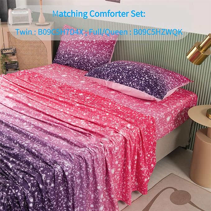 RYNGHIPY 3D Glitter Bed Sheet Set for Kids Teens Girls Women, Pink and Purple Rainbow Fitted Sheet & Pillowcase, Glitter Print Bedding Collections (Purple Pink,Full)