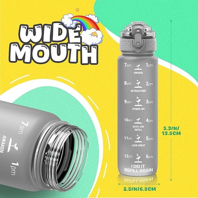 OLDLEY Kids Water Bottle for School, 17 oz (2 lids) BPA-Free Reusable Leak-proof Durable Tritan Plastic Water Bottles with Straw & Chug Lids, Anti-dust Spout Cover (Grey)