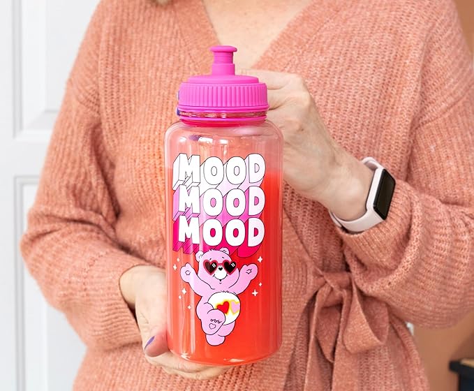 Silver Buffalo Care Bears Love-A-Lot Bear Mood Plastic Water Bottle With Spill-Resistant Sports Cap Lid | Holds 34 Ounces
