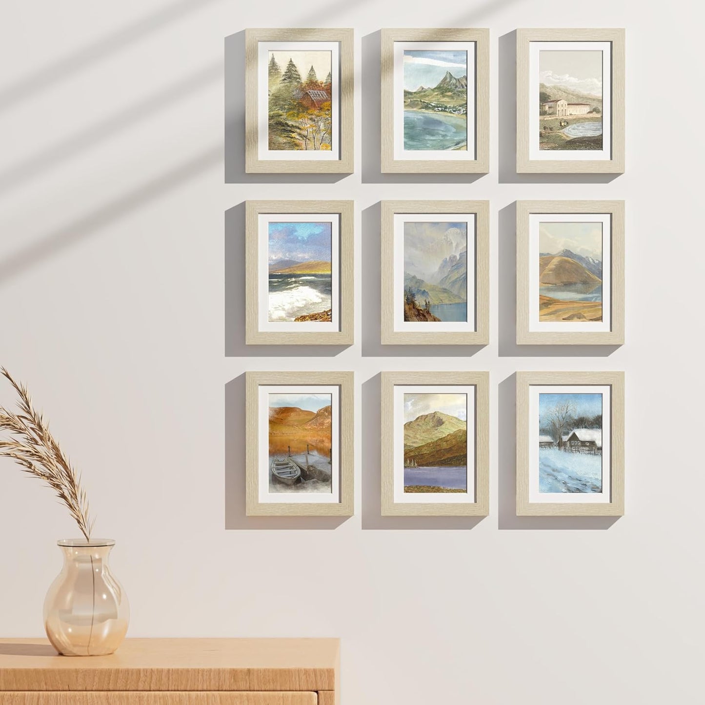 Vittanly 5x7 Picture Frames Set of 9, Shatter Resistant Plexiglass, Display 4x6 Pictures with Mat or 5x7 without Mat, Photo Frames for Wall or Tabletop, Engineered Wood, Cornsilk