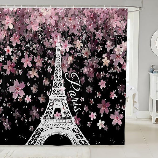 Feelyou Cherry Blossoms Shower Curtain 72"x78" Kids Eiffel Tower Bathroom Shower Curtain Set for Boys Girls Teens Romantic Paris Bath Curtain Floral Botanical Bathroom Accessories