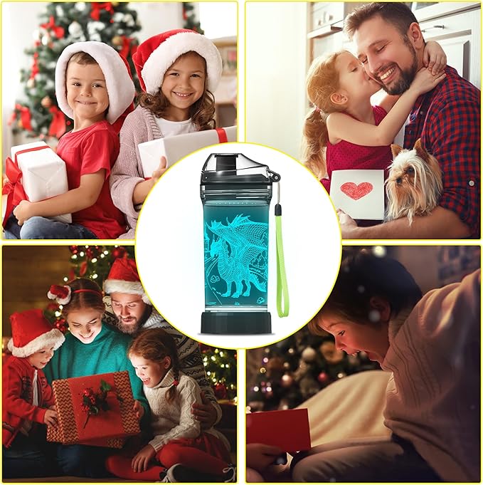 Ammonite Dragon Kids Water Bottle with 3D Glowing LED Light - 14 OZ Tritan BPA Free - Creative Ideal Travel Cup Gift for School Kid Boy Child Holiday Camping Picnic