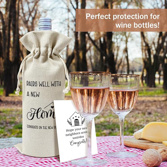 Housewarming Wine Gift Bags & Card, First New Home House Gifts for Women Men Wife Husband Friend Home Owner, 1 pcs Reusable Burlap Wine Gift Bags for Wine Bottles, Housewarming Party Decor Favor -35