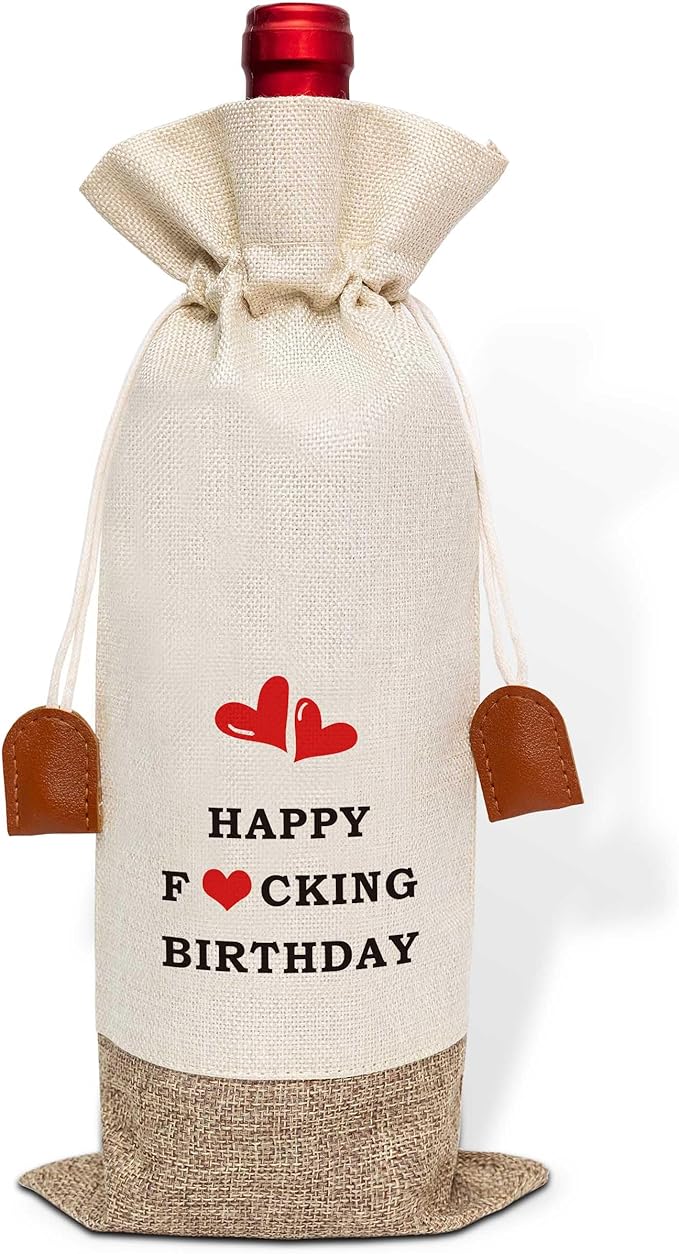 Funny Birthday Wine Bag, Cotton Linen Wine Gift Bag With Drawstring, Wine Champagne Bottle Gift Bag, Birthday Gifts Ideas for Men Woman Her Girl Friend Sister, Birthday Party Favors-34
