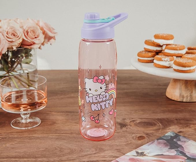 Hello Kitty Rainbow Treat And Stars Water Bottle W/Lid, Plastic