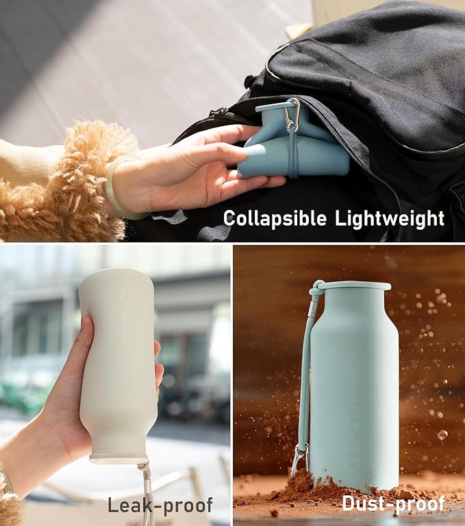 Collapsible Water Bottles 20 oz, Leak Proof, BPA Free Foldable Silicone Travel Water Bottle Cups for Taveling, Outdoors, On the go, Sage Green