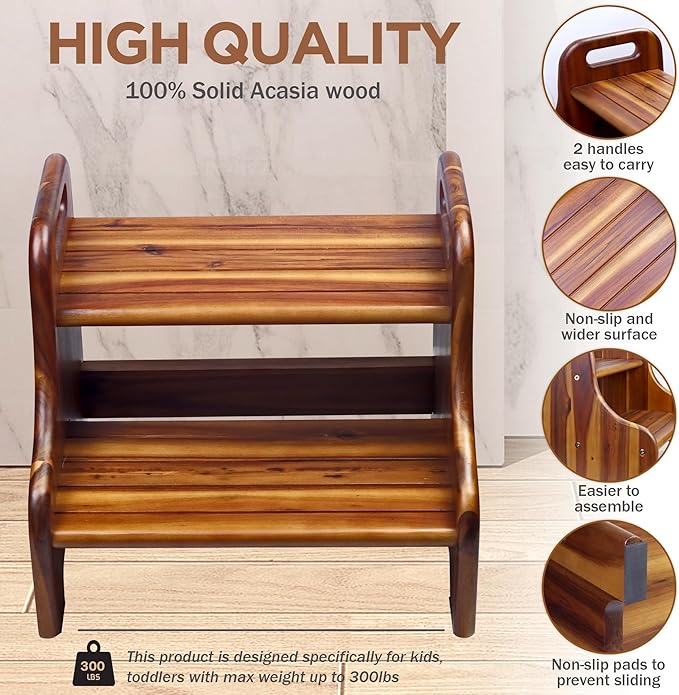 Wood Step Stool for Kids and Toddlers, Natural Acacia Solid Wood, Portable 2 Handles, Wider 2 Steps, Safe Non-Slip Bottom, Rounded Corners, Supports up to 300 lbs, Perfect for Children (Natural)