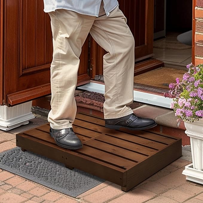 Outdoor Steps 3.5'' Height, Indoor Wooden Step Stool with Non Slip Pads, Step for Outside, Safety Stepping Stool for Hanicap, Kids, Bathroom, Kitchen, Bed (Walnut Color)