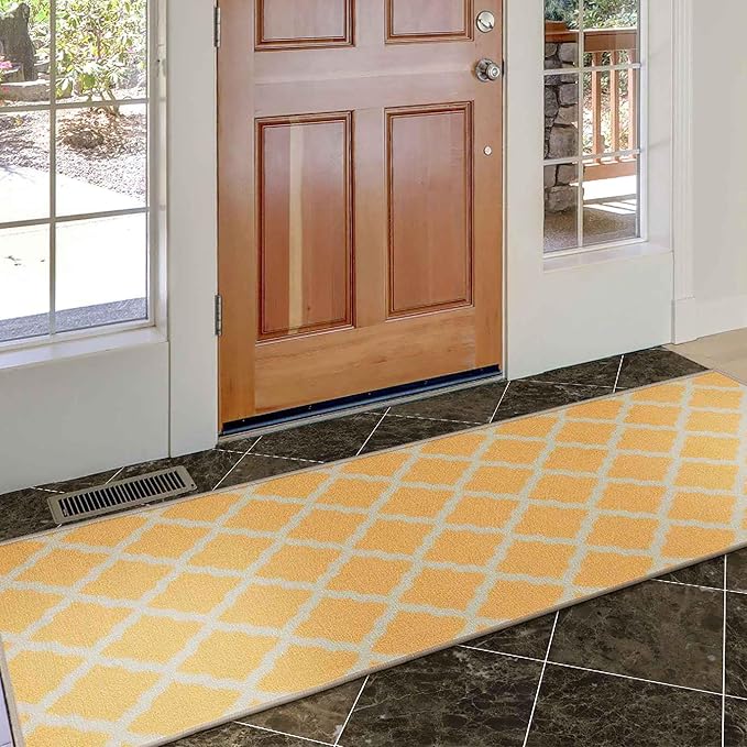Machine Washable Moroccan Trellis Design Non-Slip Rubberback 2x6 Traditional Indoor Runner Rug for Hallway, Kitchen, Bedroom, 2'2" x 6', Yellow