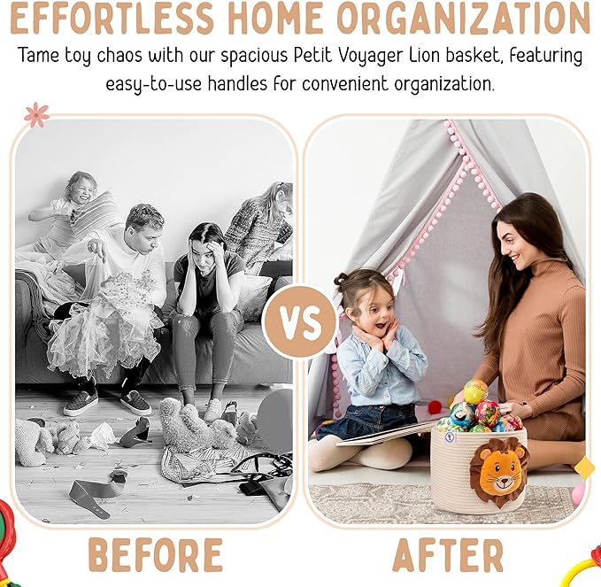 Lion Baby Basket - Charming Cotton Rope Nursery Basket, Cute Basket for Lion Nursery Decor and Toy Baskets for Kids Room, Decorative Animal Baskets for nursery