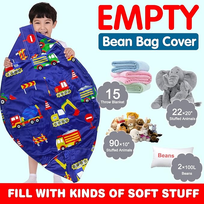 Lukeight Stuffed Animal Storage Bean Bag Chair Cover for Kids, Zipper Beanbag Chair Cover for Organizing Toddler and Kids' Rooms Plush Toys (Excavator Velvet, X-Large)