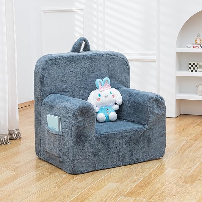Snuggly-Soft Cuddly Toddler Plush Armchair for Boys and Girls Fuzzy Plush Kids Sofa Couch Reading Chair with Children Friendly Handle for Easy Movement & Double Pockets for Storage, Dark Grey
