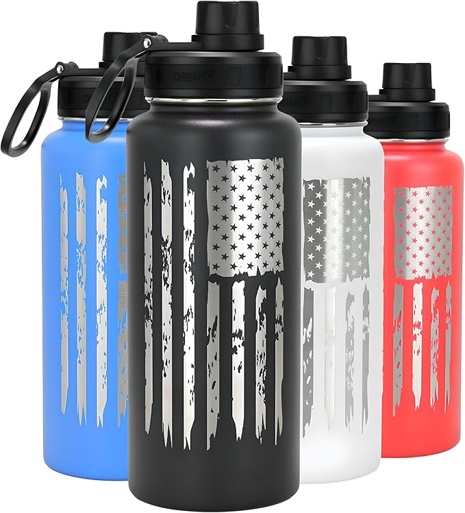 DRINCO Stainless Steel Water Bottle Spout Lid Vacuum Insulated Double Wall Water Bottle Wide Mouth Leak Proof Keep Cold Sport Camping (USA Flag) (32oz Barn Red USA Flag, 32oz)