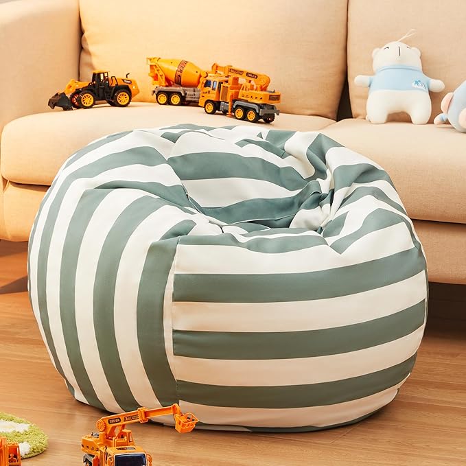 EXQ Home Kids Bean Bag Chairs Cover -Stuffed Animal Bean Bag Storage Green and White Stripes-Zipper Bean Bag for Organizing Children Plush Toys Holiday Gift for Girl,Boys (2XL)
