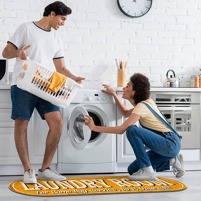 Ottomanson Laundry Collection Non-Slip Rubberback Laundry Text Design 2x5 Laundry Room Runner Rug, 20" x 59" Oval, Orange