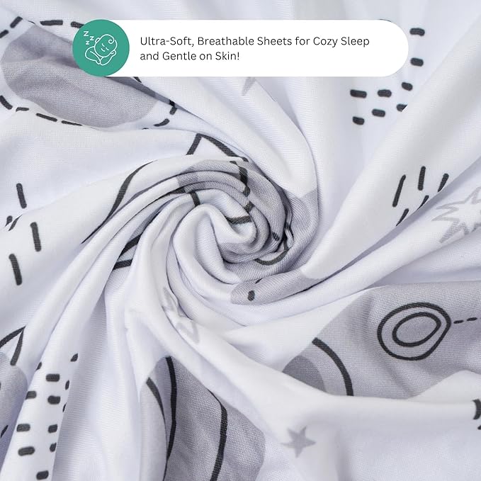 TansyPanda Bassinet Sheets for Angelbliss, Koolerthings, and Koola Baby Bassinet Bedside Sleeper, 3 Pack, 33x20 inch, Ultra Soft, Breathable, Snug Fit, Unisex Boys Girls, Gray White (Space Rockets)