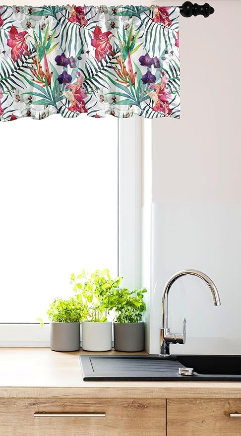 Ambesonne Watercolor Flower Window Valance, Tropical Wild Orchid Flowers with Palm Leaves Print Exotic Style Nature, Curtain Valance for Kitchen Bedroom Decor with Rod Pocket, 42" x 18", Multicolor