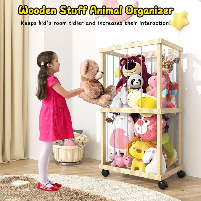 Stuffed Animal Zoo Storage Cage 35" Wood Large Stuffed Animal Storage Basket, PatioDeco Toy Storage for Big Small Stuffed Animals, Large Toy Organizer Holder for Kids Girls Boys