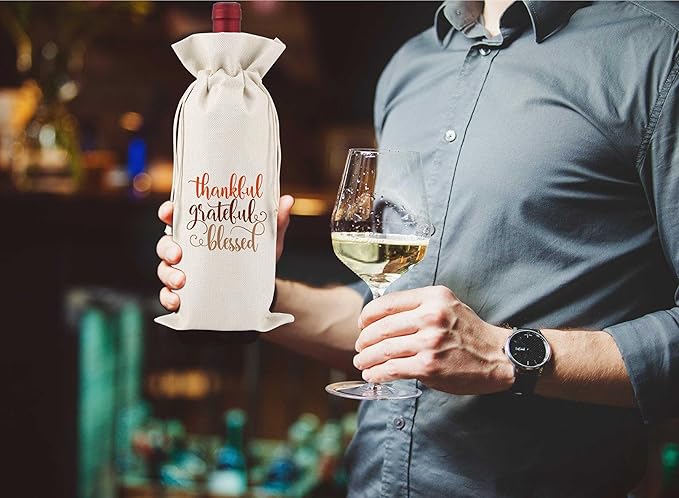 Thankful Grateful Blessed Wine Gift Bag,Thank You Gifts for Colleagues,Friends,Employee,Bosses,Gift for Encouragement,Appreciation Gifts,Retirement Gift Bag,Reusable Wine Bags With Drawstring,L42
