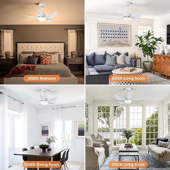 Ceiling Fans with Lights,Modern Dimmable LED Ceiling Fan,32" White Low Profile Ceiling Fan with Light Small Ceiling Fan for Bedroom Kitchen Patio Outdoor,3 Color Changing,Reversible