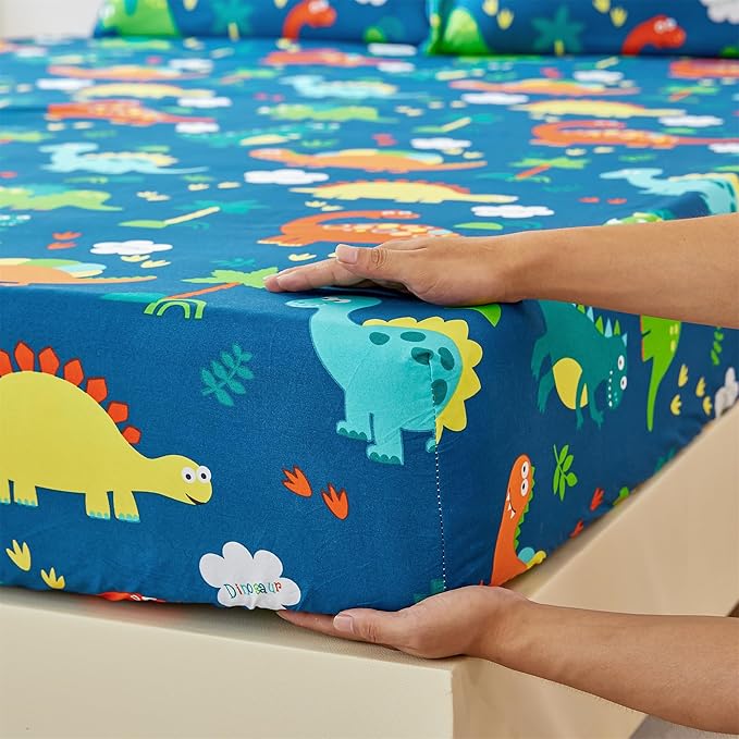 RYNGHIPY Kids Dinosaur Sheets Set for Boys Soft Microfiber Dino Sheets for Twin Size Bed Deep Pocket Fitted Sheet Flat Sheet and Pillowcase (Blue Dinosaur,Full)