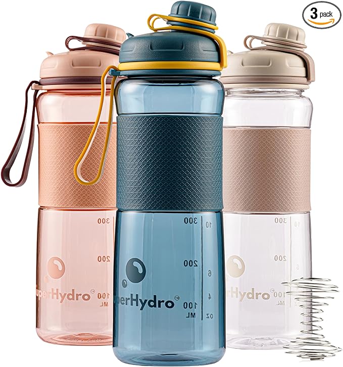 Super Hydro Sport Mixer Bottle [3 PACK] - 20 oz - BPA-Free, Non-Toxic, Durable, Leak Proof, Eco-Tritan Water Bottles Best for Travel, Sports, Hiking, Fitness with Measurement Markers for Men & Women